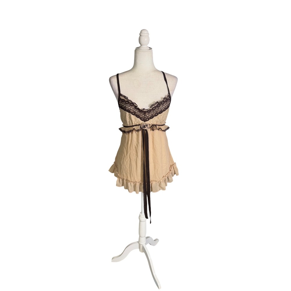 Heart Soul Y2K Fairycore Lace Babydoll Cami Top Brown Beige XL